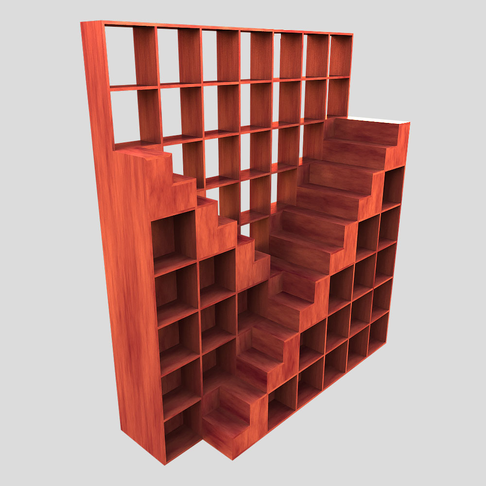 high level perspective render of bookcase